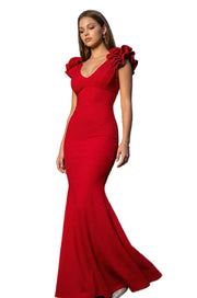 Red Rosette Sleeve Mermaid Dress
