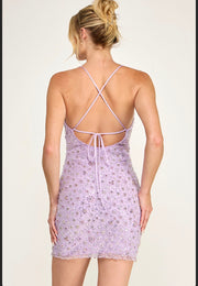 Lavender cowneck mesh sequin dress