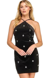 VELVET HALTER NECKLINE RHINESTONE MINI DRESS- Black