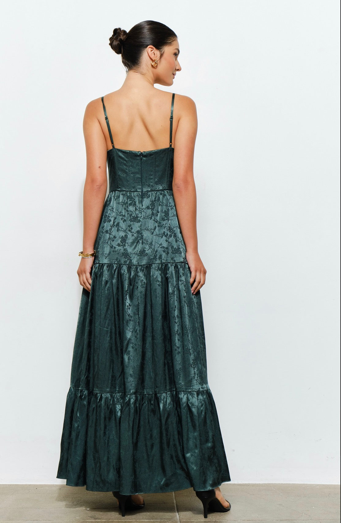 Floral Jacquard Satin Corset-Style Maxi Dress