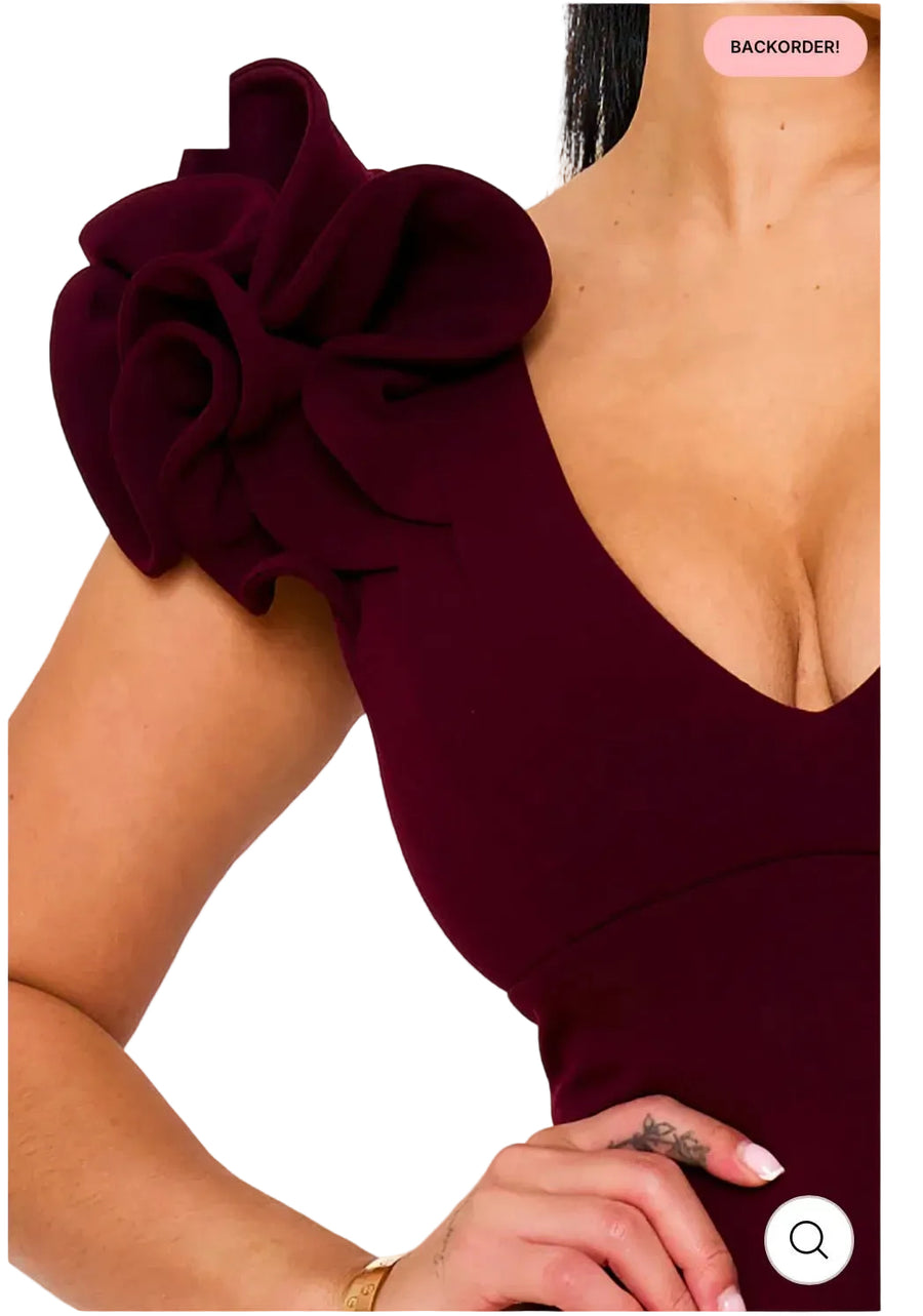 Maroon Rosette Sleeve Mermaid Dress