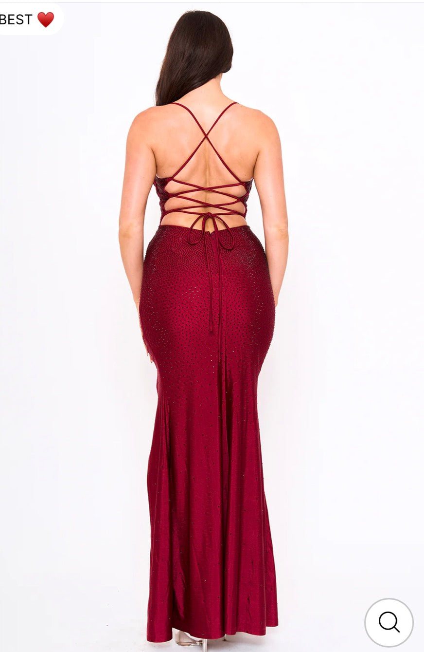 Wine rhinestone on shakira rib mermaid maxi dress