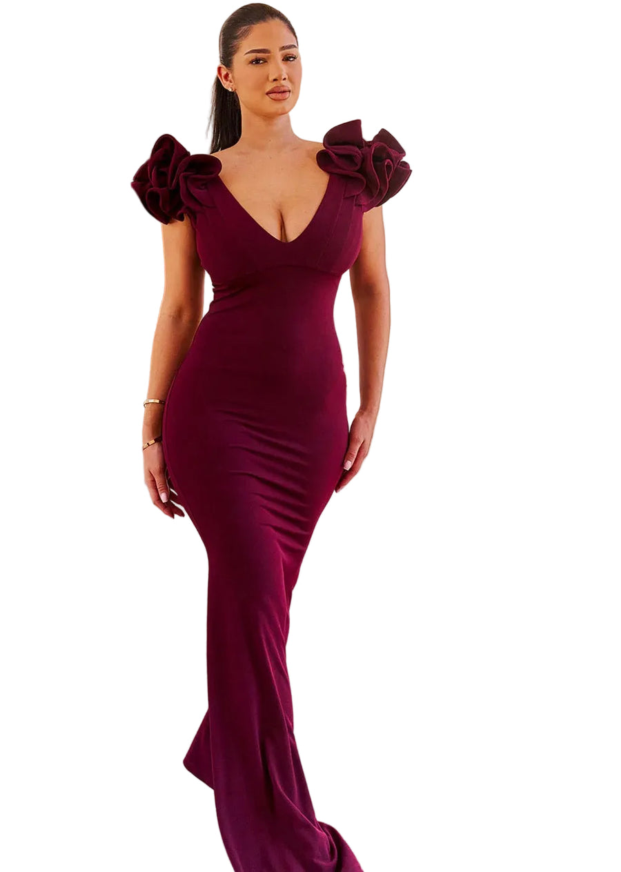 Maroon Rosette Sleeve Mermaid Dress