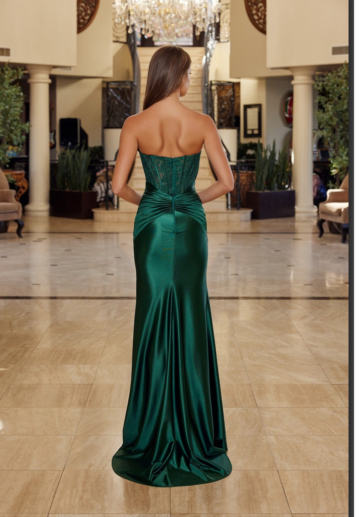 Scoop pleaded bustline embellished by silver beading edges-emerald