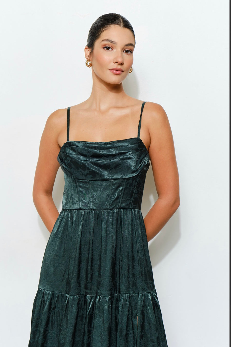 Floral Jacquard Satin Corset-Style Maxi Dress