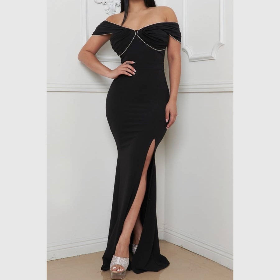 Rhinestones trim off shoulders Max Dress
