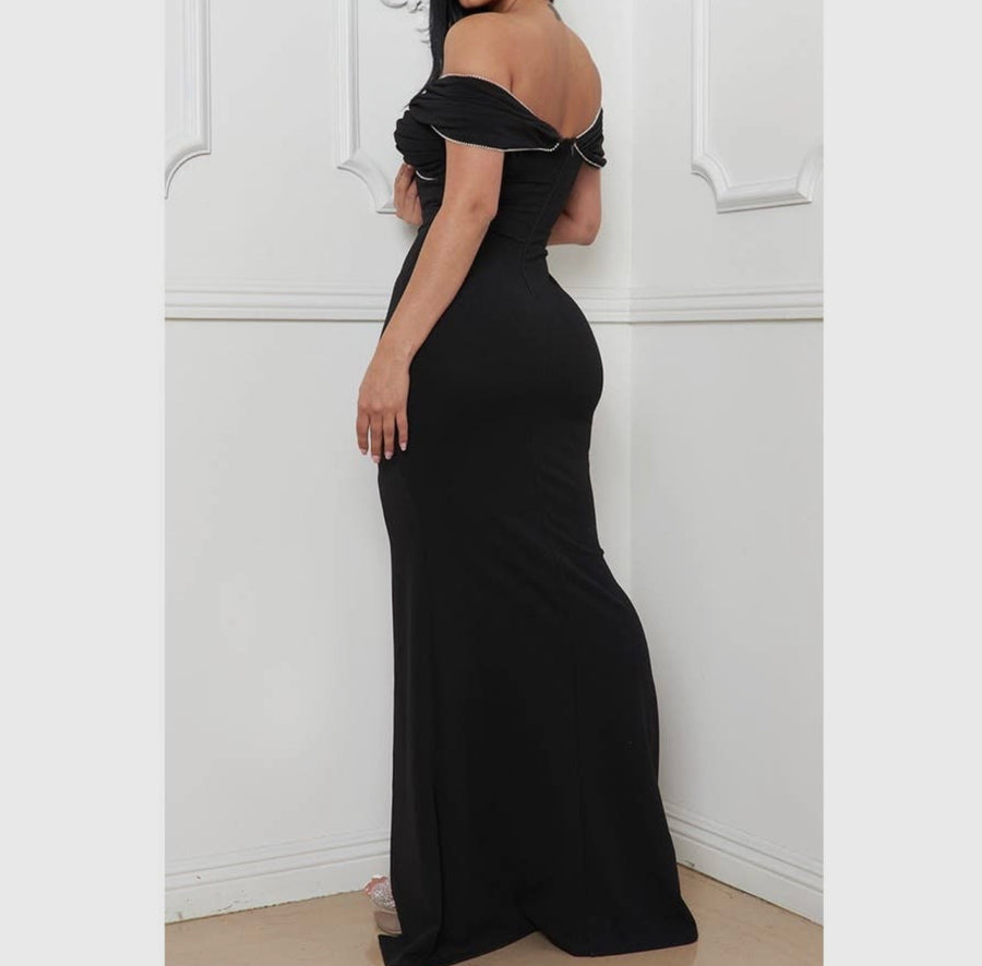 Rhinestones trim off shoulders Max Dress